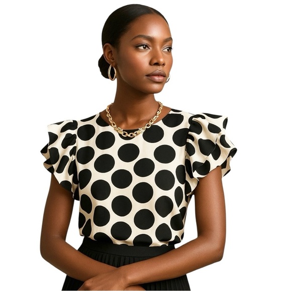WHO WHAT WEAR Linen Blend Polka Dot Ruffle Sleeves Top - Size XS - Picture 1 of 9